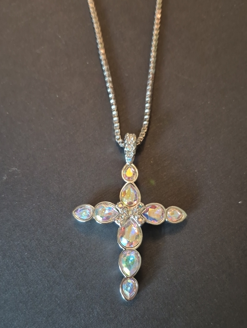 Swarovski Aurora Borealis Teardrop Cross Pendant Necklace - Silver